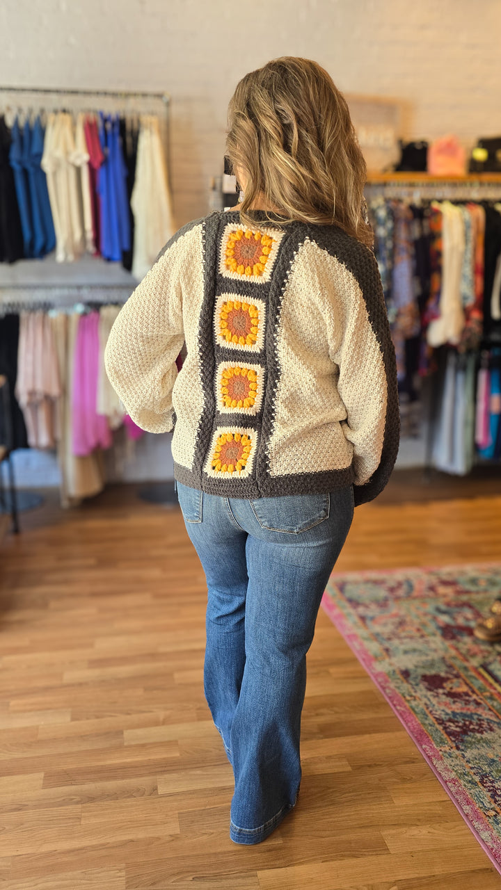 Color Block Sunflower Crochet Cardigan