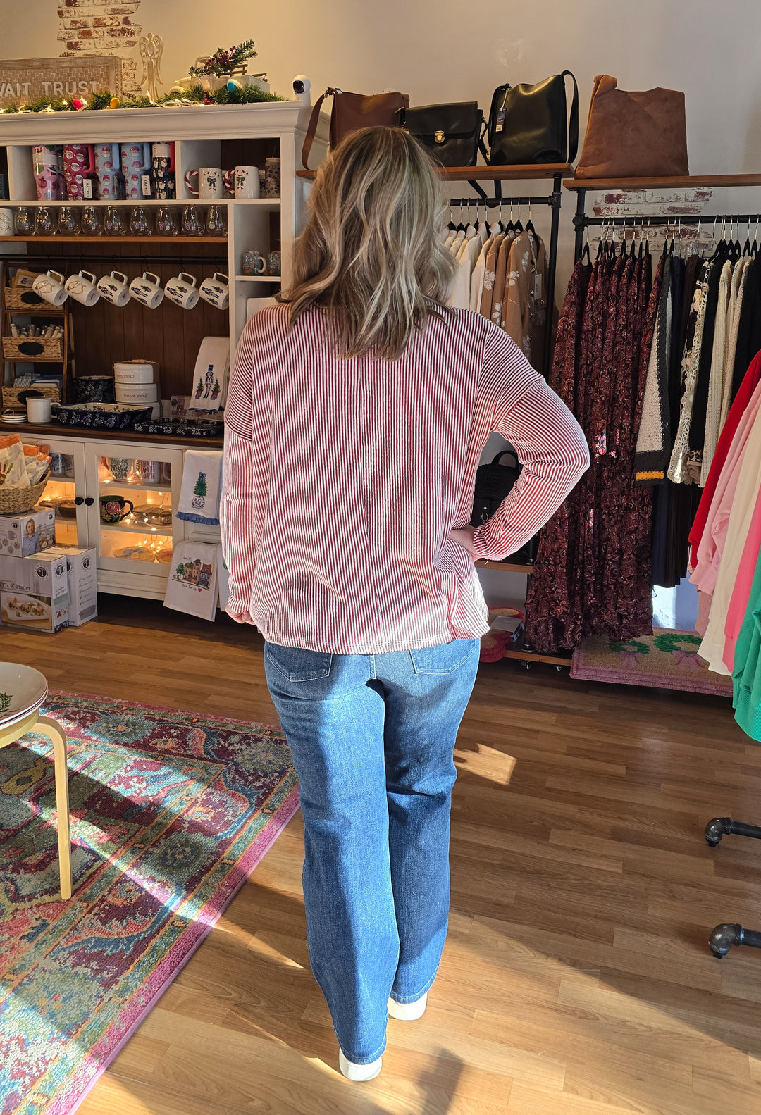 Ribbed Striped Oversized Long-Sleeve Top in Red