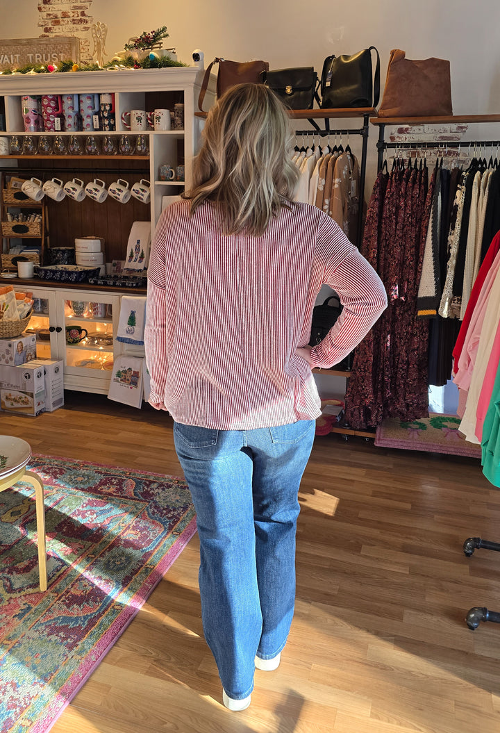 Ribbed Striped Oversized Long-Sleeve Top in Red