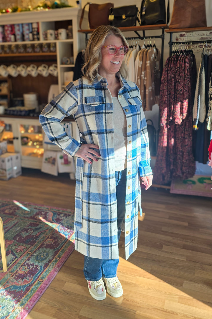 Shelly Plaid Jacket with Belt in Ivory and Blue