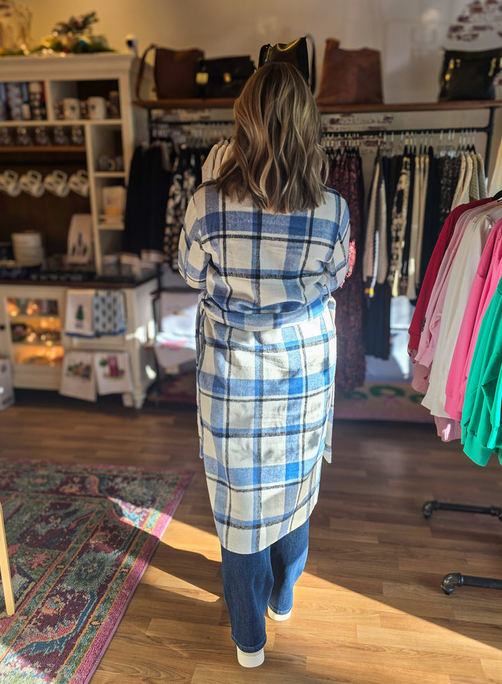 Shelly Plaid Jacket with Belt in Ivory and Blue