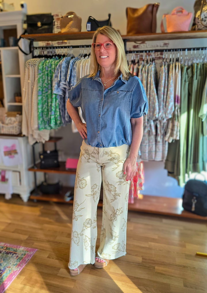 Floral Print Twill Pants in Ecru