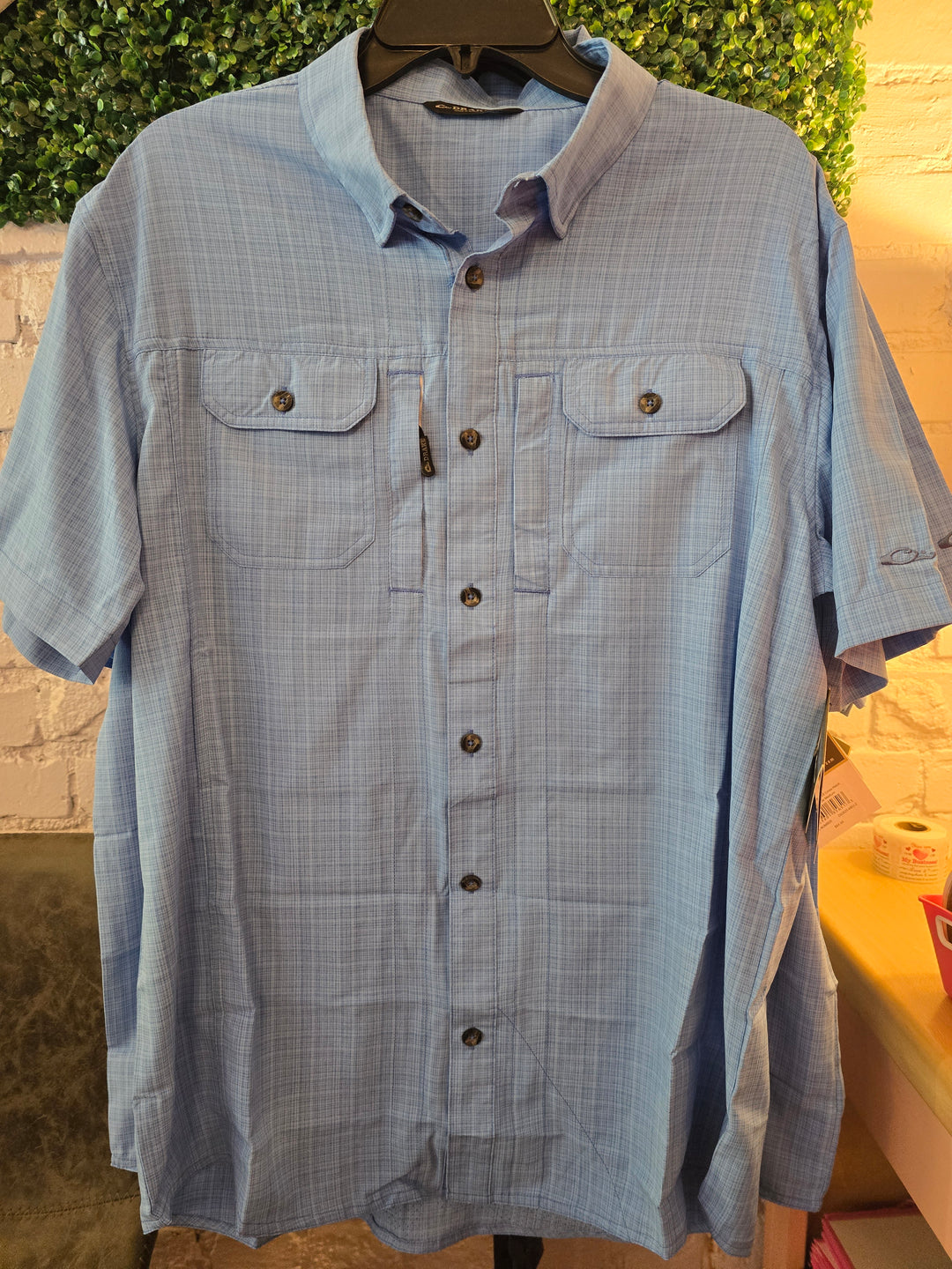 Blue short sleeve mens button up with 2 front pockets