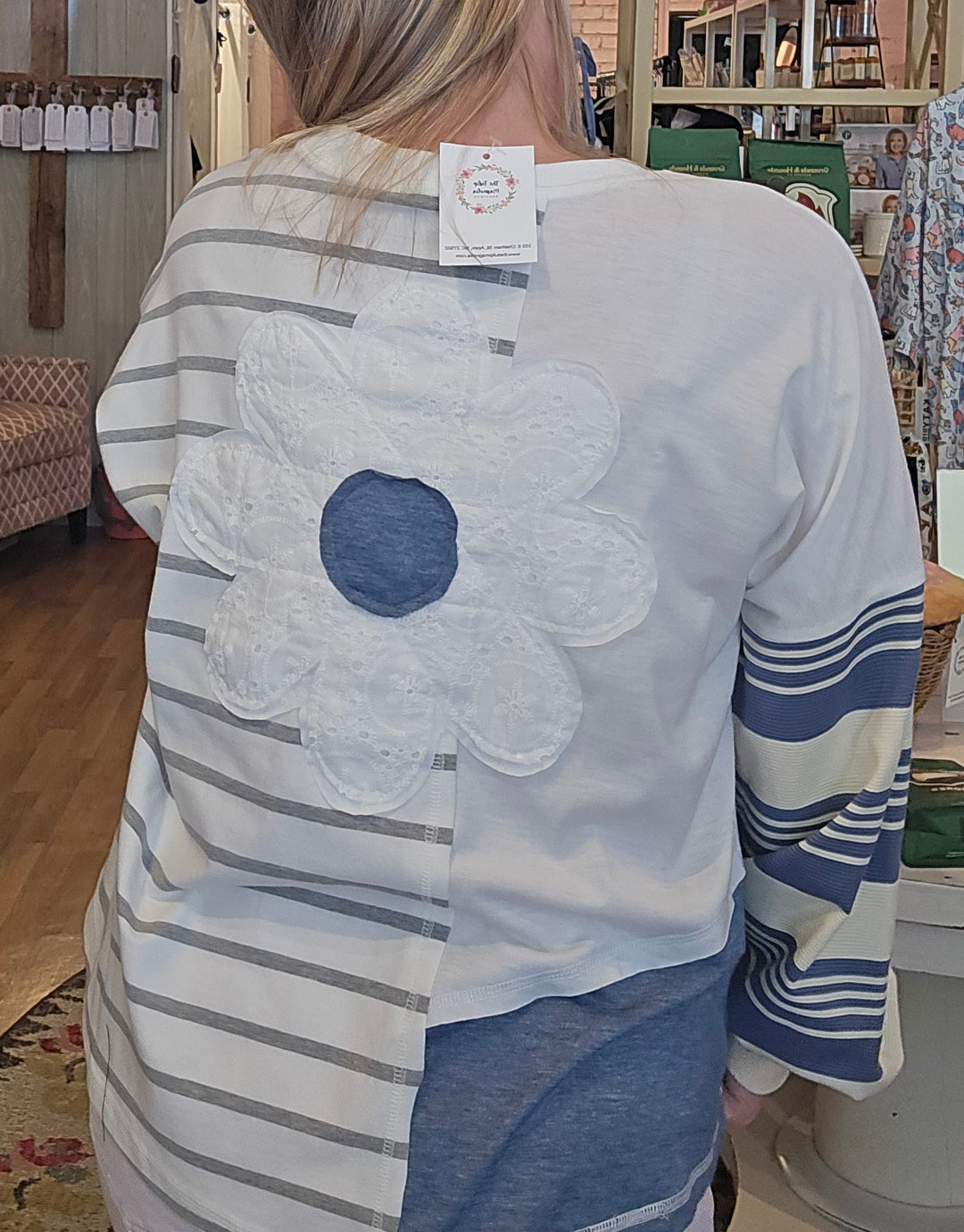 Patchwork Stripe Long Sleeve Top in Blue