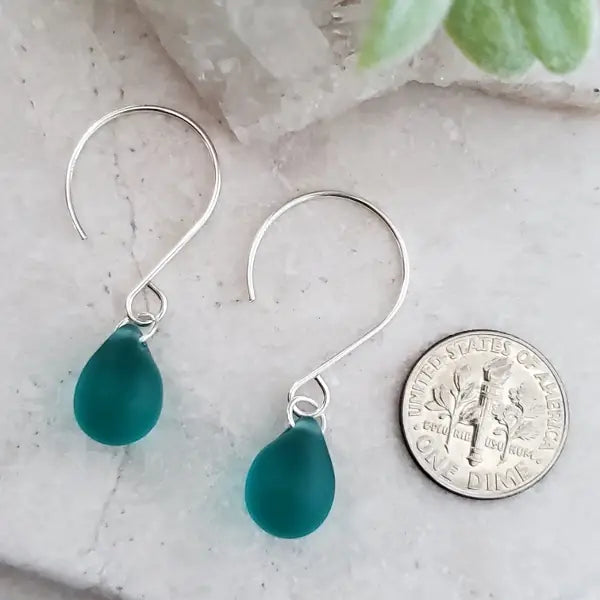 Silver Eco Teal Sea Glass Sea Droplets Earrings