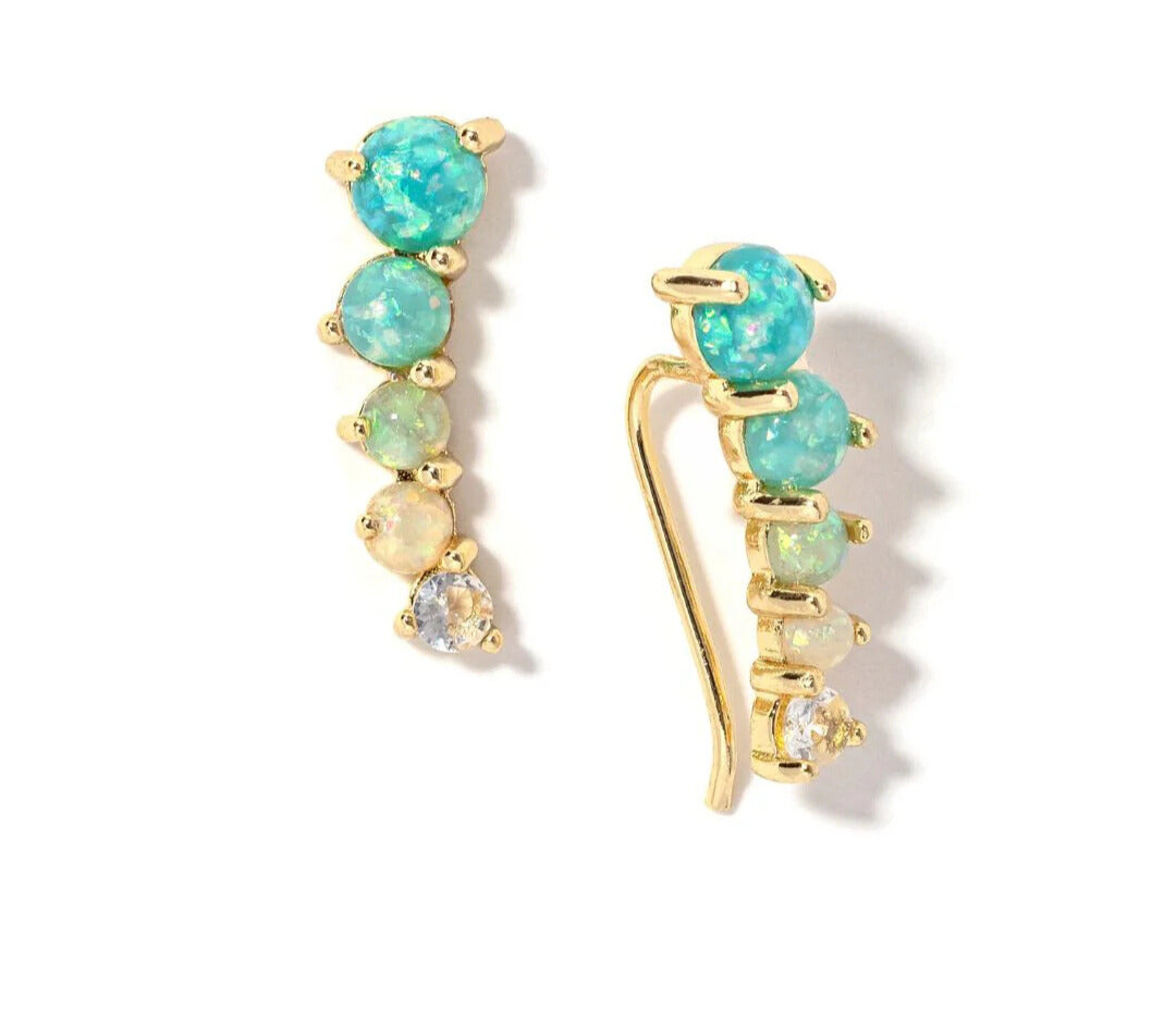 Gold earrings with turquoise stones on a white background