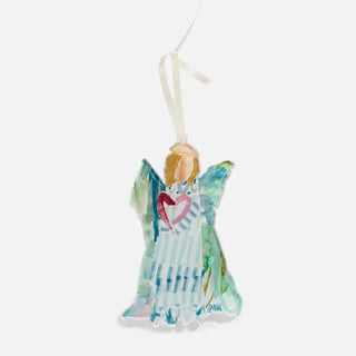 A watercolor-style angel Christmas ornament with blue, green, and white striped wings, a pink heart on the chest, and a cream hanging ribbon, shown on a light gray background.