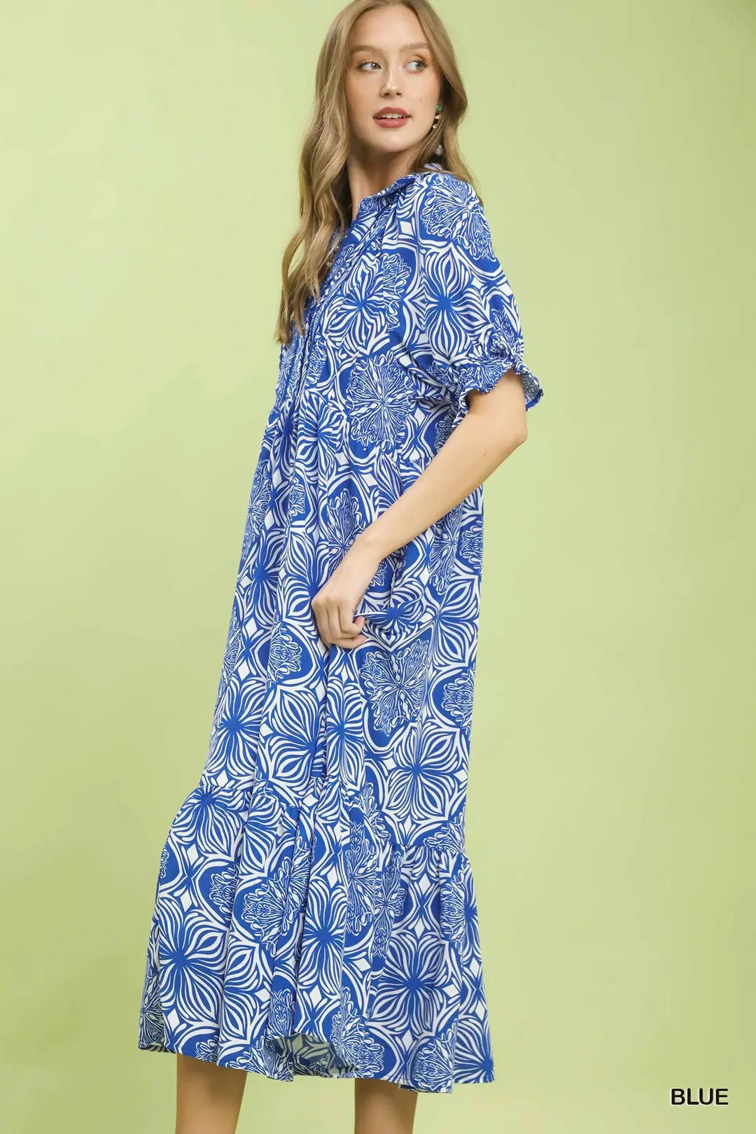 Abstract Print Collared Midi Dress in Blue
