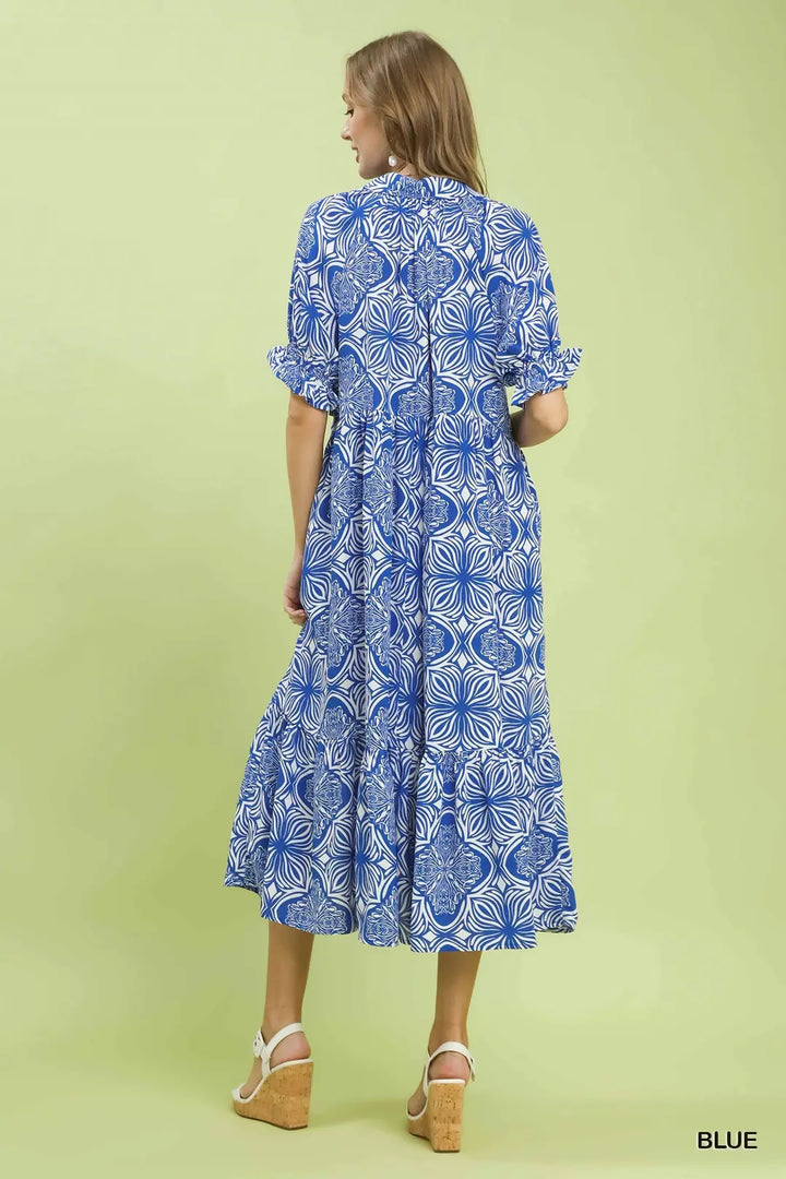 Abstract Print Collared Midi Dress in Blue