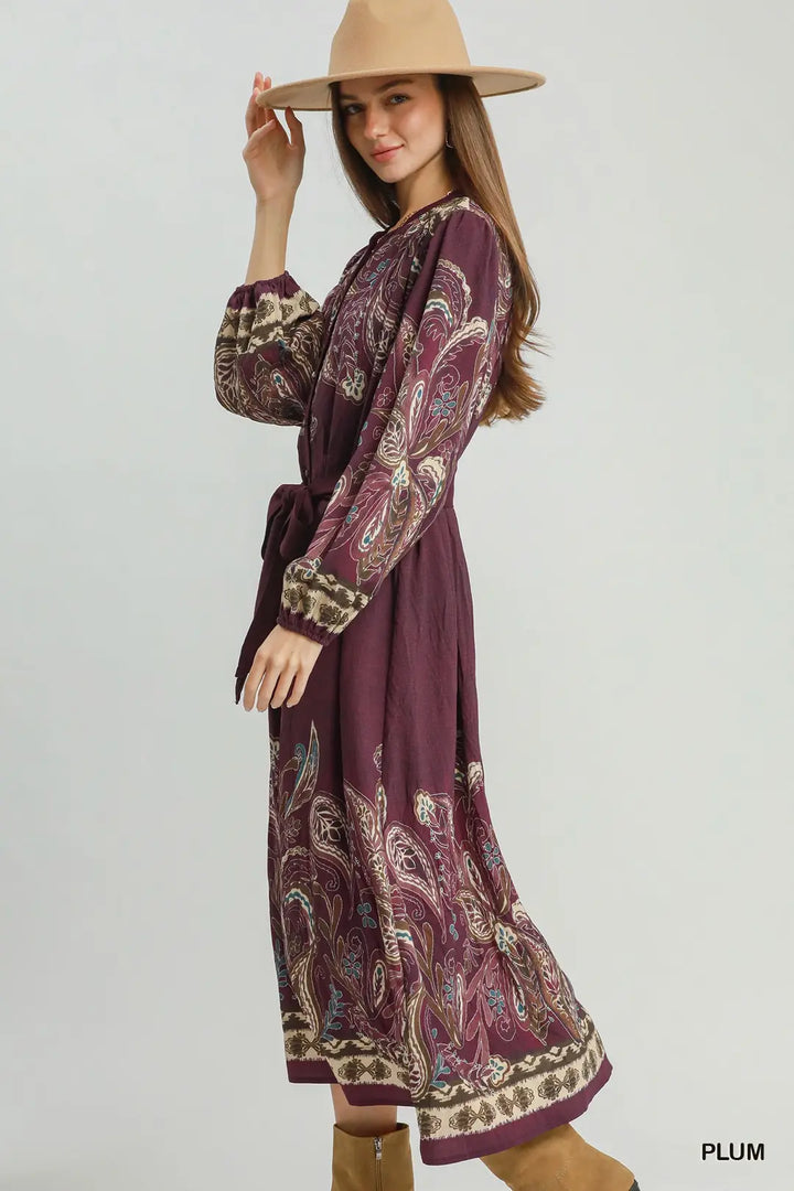 Abstract Tie Waist Midi Dress in Plum
