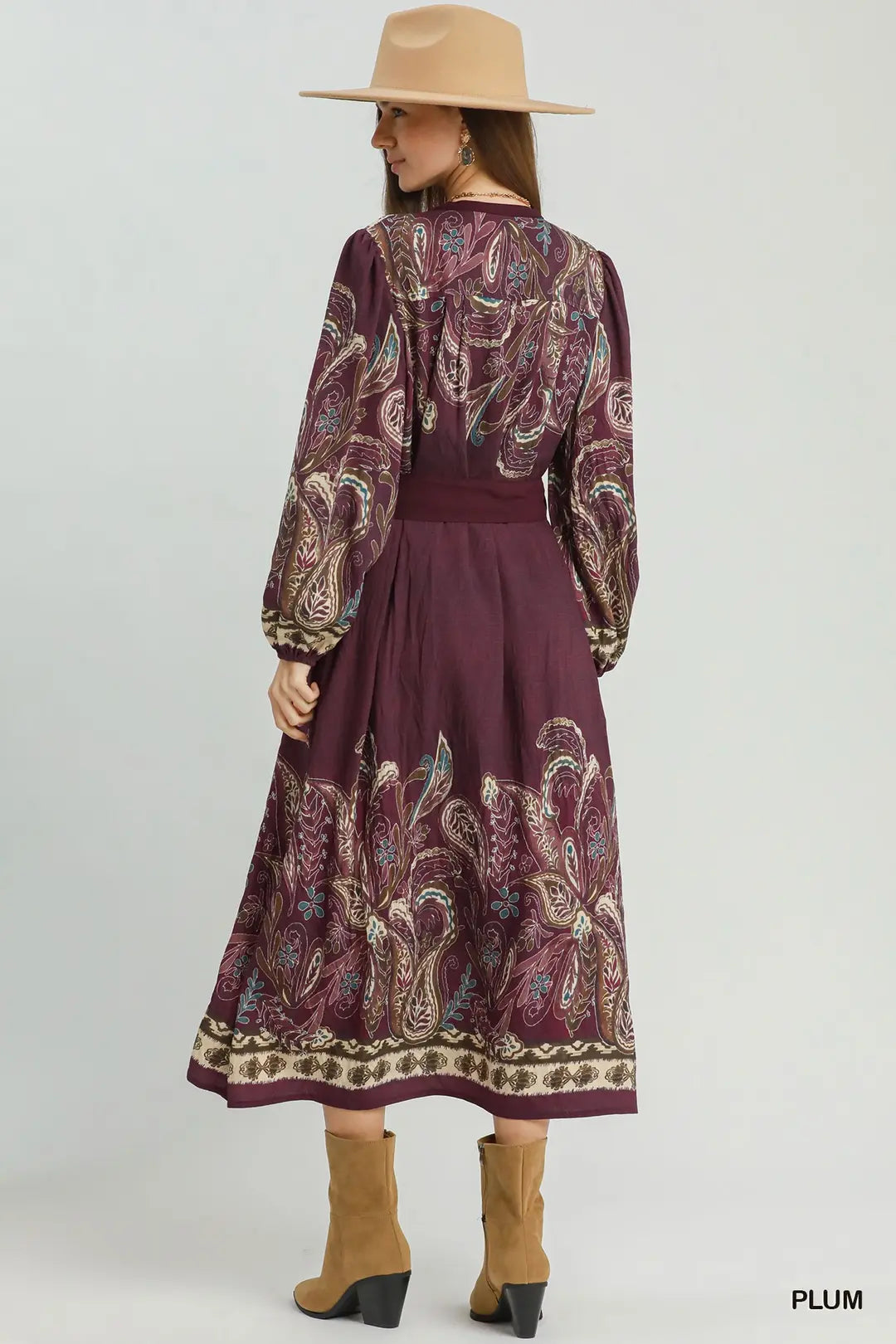 Abstract Tie Waist Midi Dress in Plum