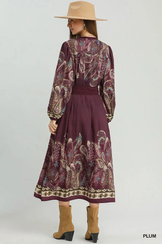 Abstract Tie Waist Midi Dress in Plum
