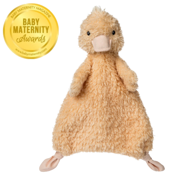 Plush duck toy with 'Baby Maternity Awards' logo on a white background
