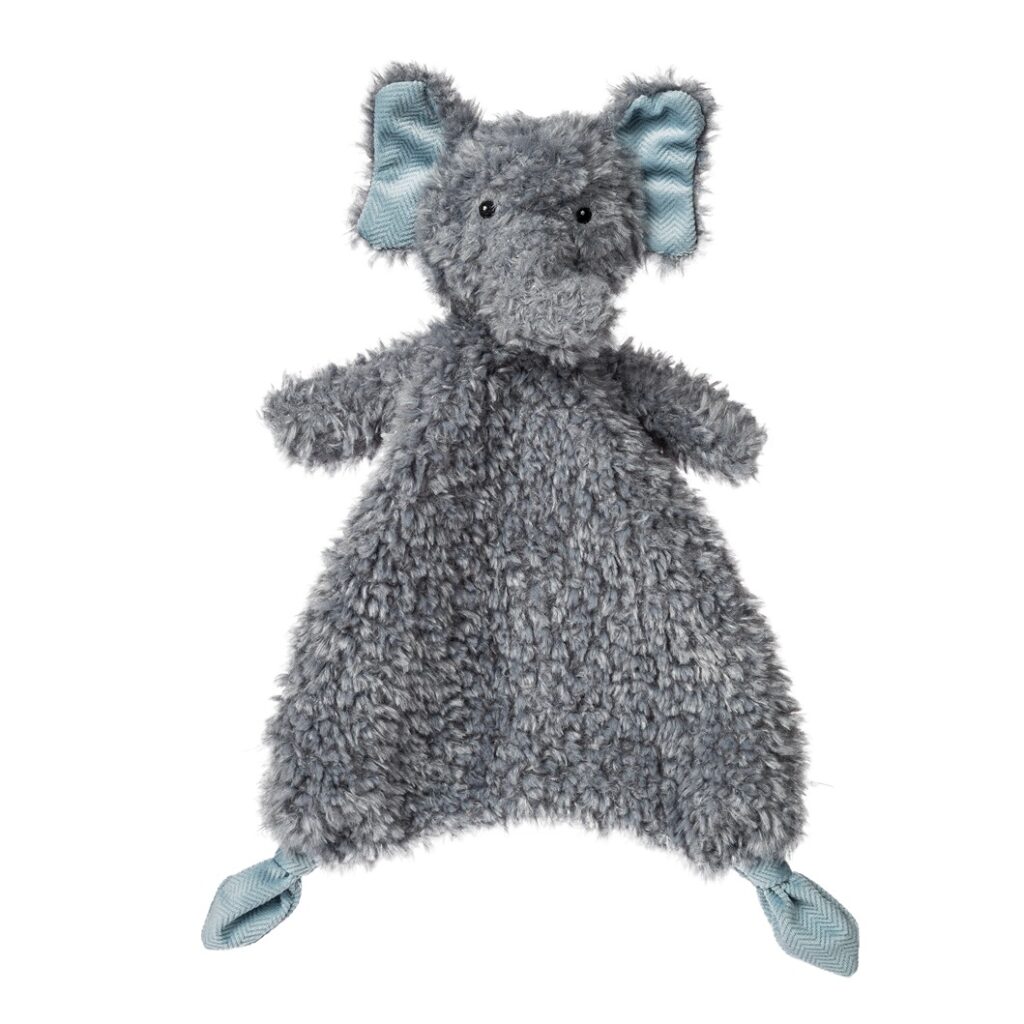 Gray plush toy with blue accents on a white background