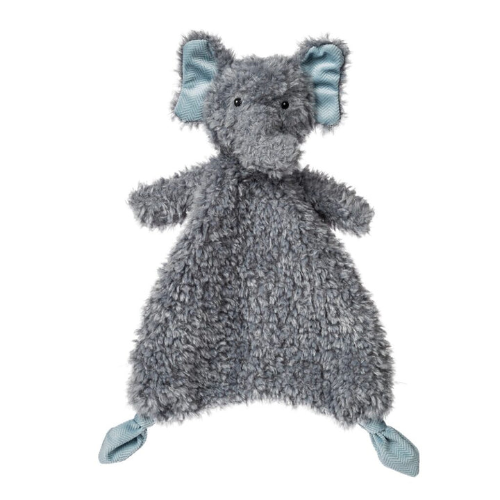 Gray plush toy with blue accents on a white background