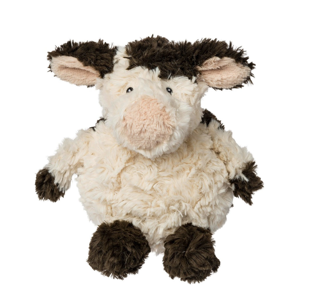 Plush toy sheep with brown wool on a white background