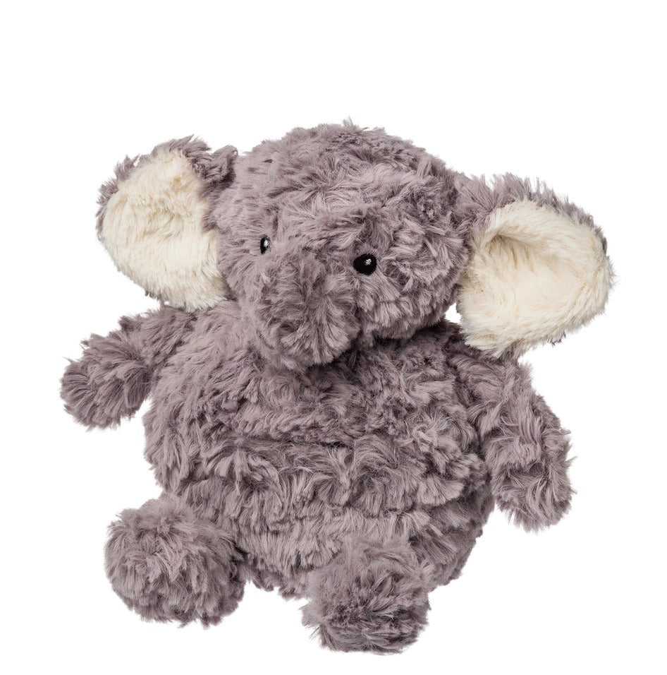 Plush elephant toy with white feet and trunk on a white background