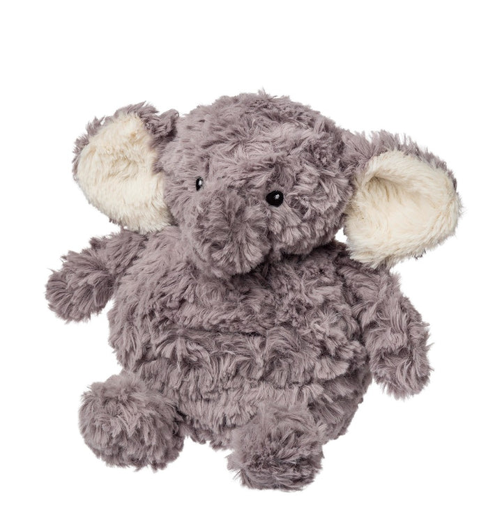 Plush elephant toy with white feet and trunk on a white background