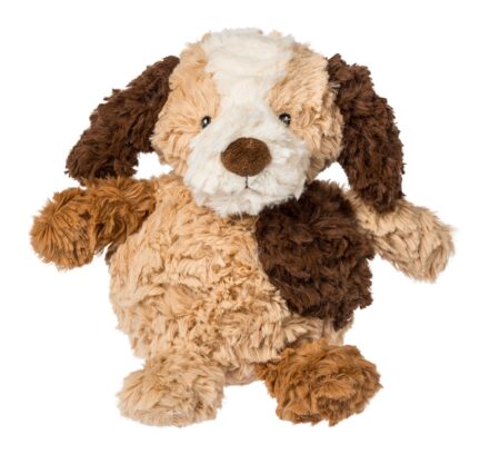 Plush dog toy with brown and beige fur on a white background