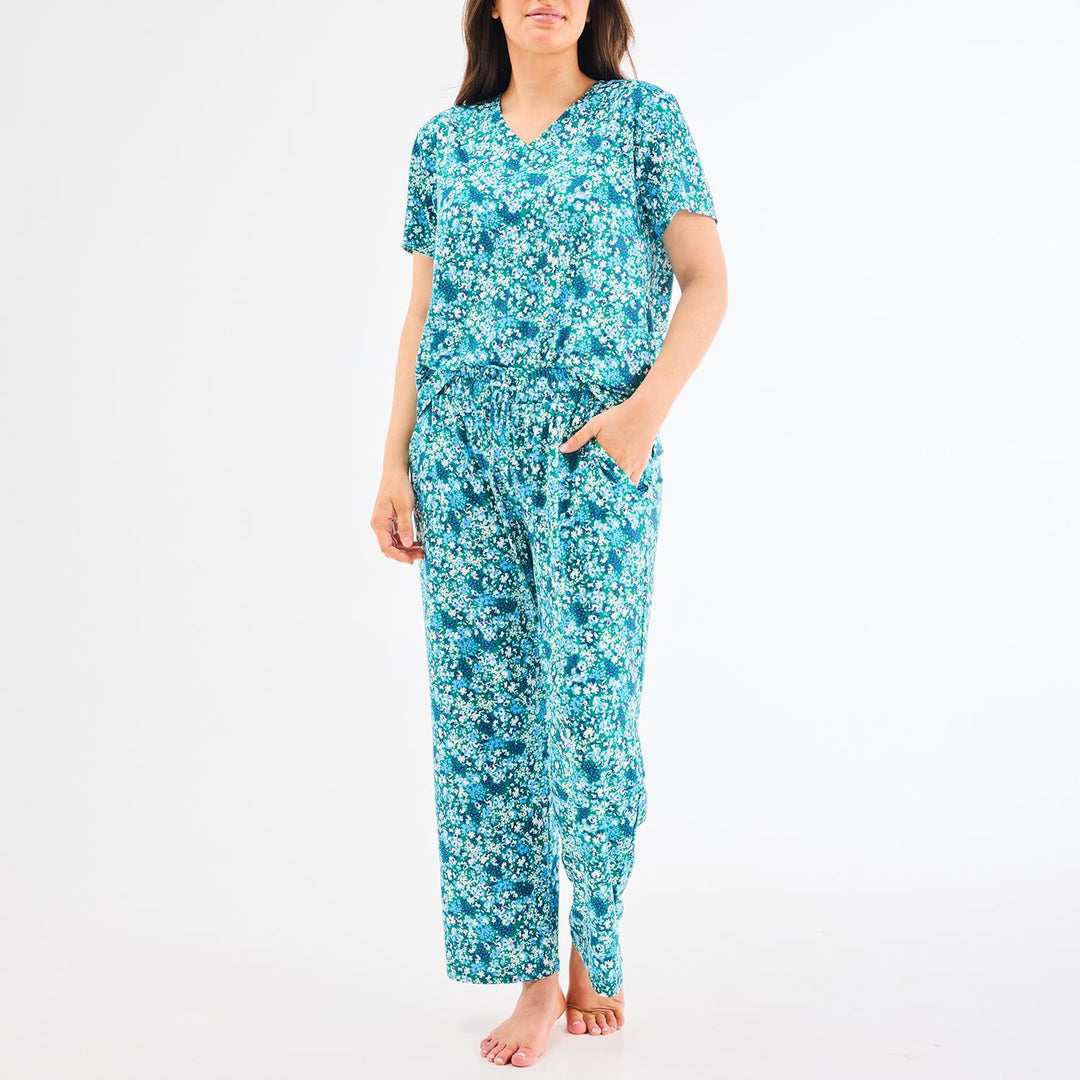 blue and green floral pajamas in a short sleeve top and long pants set