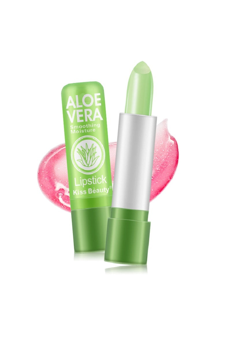 Green aloe vera lipstick with packaging on a white background