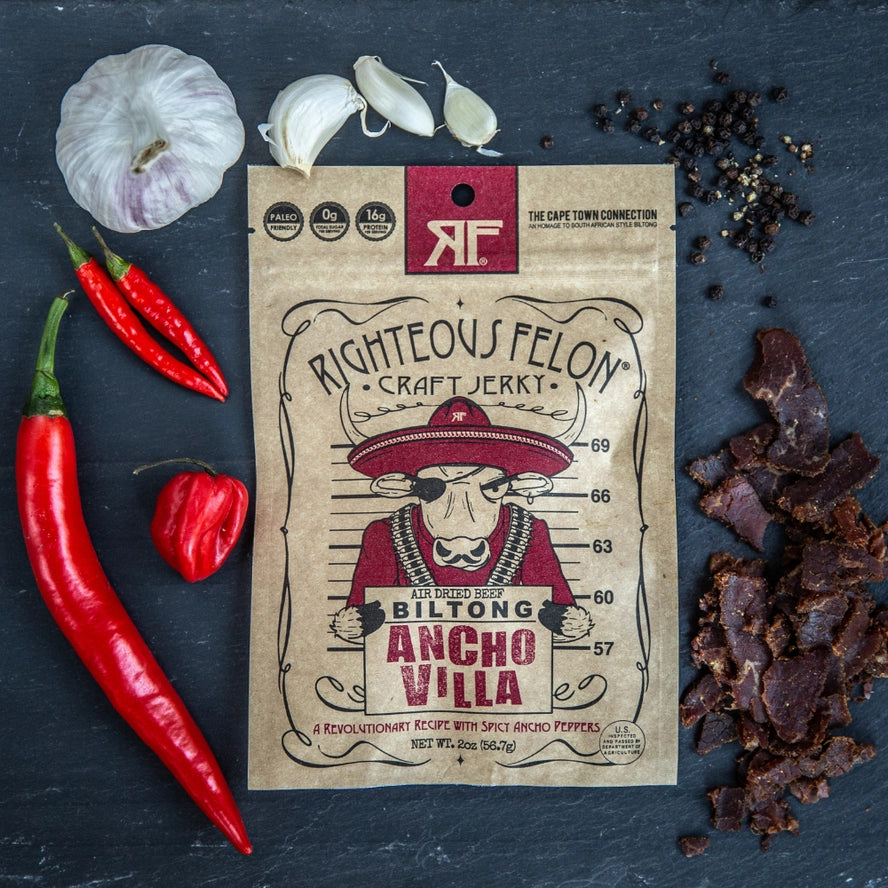 Righteous Felon biltong packaging with ingredients on a dark surface