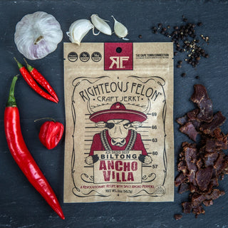 Righteous Felon biltong packaging with ingredients on a dark surface