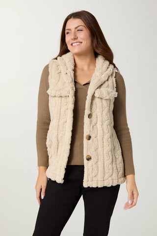 beige fluffy hooded vest with brown button front