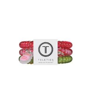TELETIES spiral coil hair ties in red, pink, and green