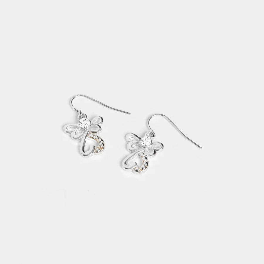 Silver butterfly earrings with clear gemstones on a light gray background