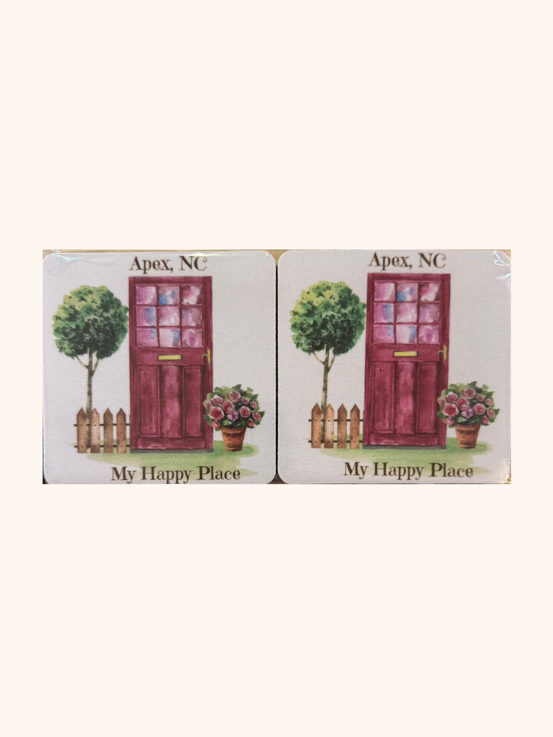 Two identical cards with a red door, tree, and flowers, labeled 'My Happy Place' and 'Apex, NC'.