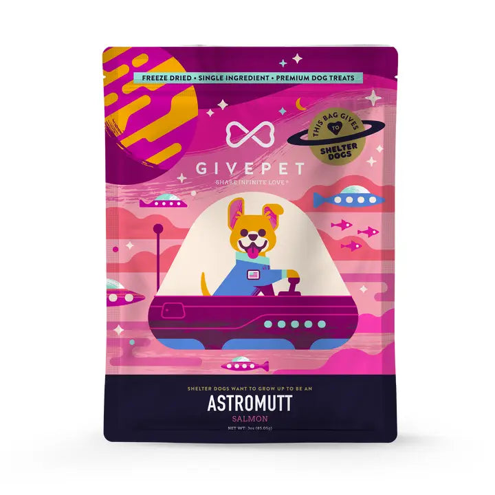 Colorful packaging of GivePet Astromutt Salmon dog treats with space-themed design.