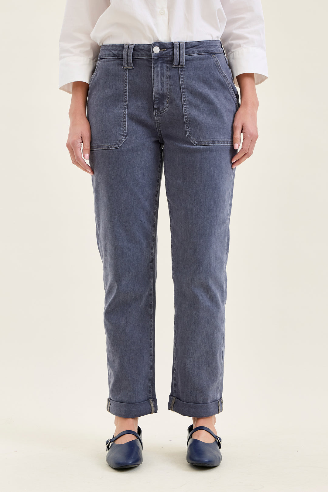 Faded indigo jeans with a cuff on the bottom