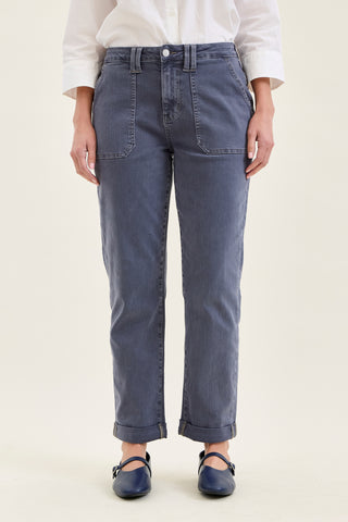 Faded indigo jeans with a cuff on the bottom