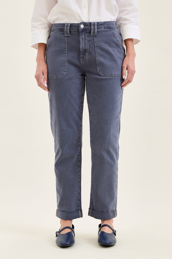 Faded indigo jeans with a cuff on the bottom