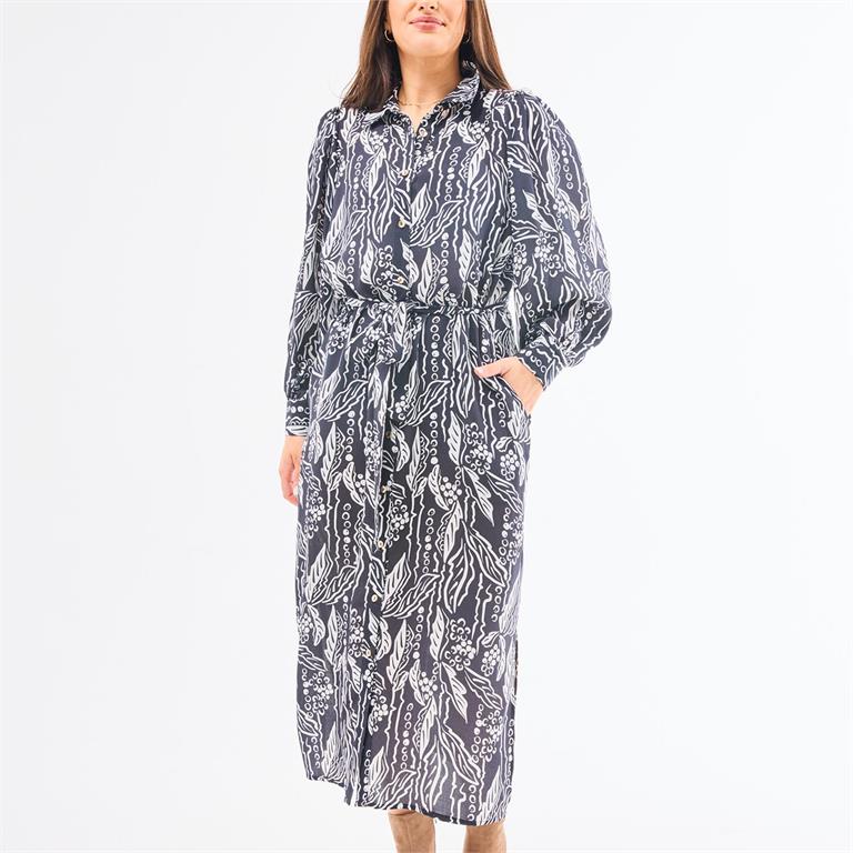 black midi dress with white dot and leaves pattern