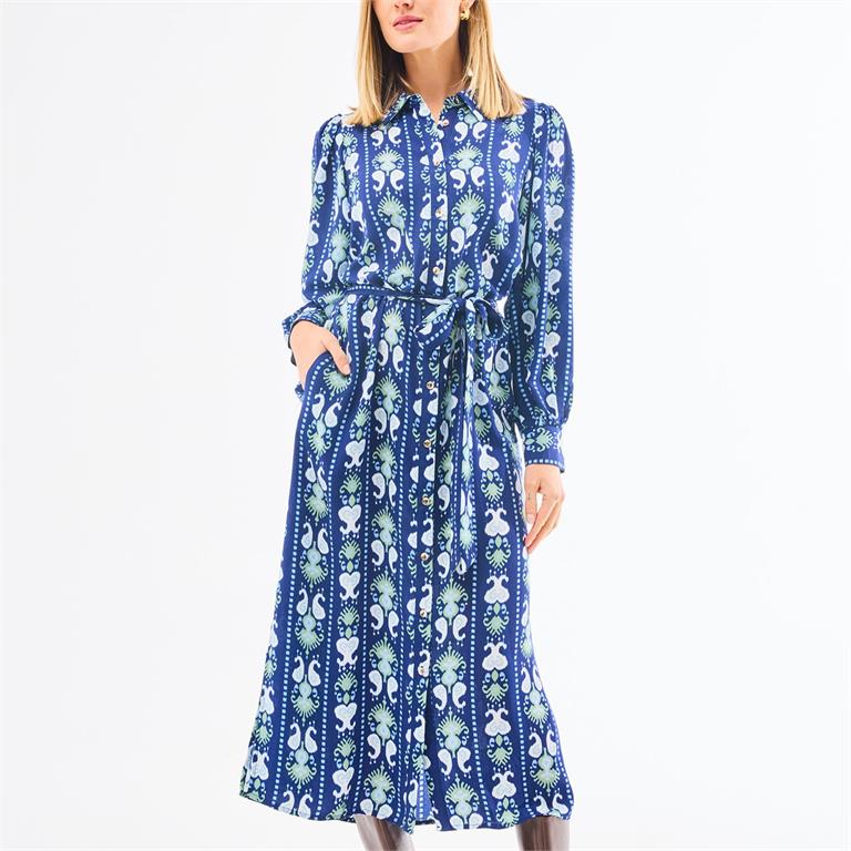 Navy Ikat pattern midi dress with long sleeves 