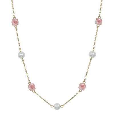 Necklace with pink flowers and pearls on a white background