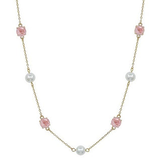 Necklace with pink flowers and pearls on a white background