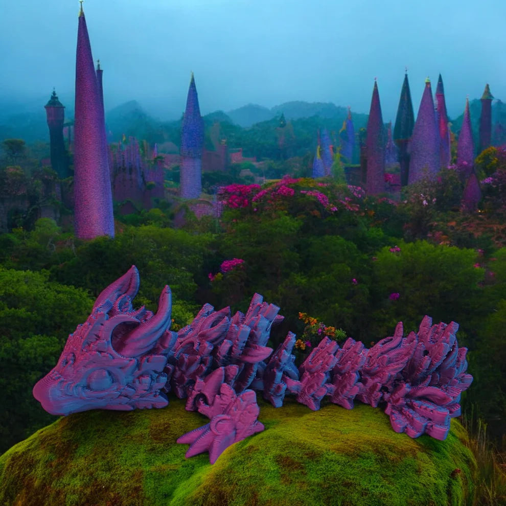 Fantasy landscape with purple spires and greenery, resembling a magical forest.