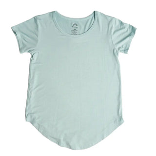 A light mint green short-sleeve t-shirt with a curved hem, laid flat against a white background.