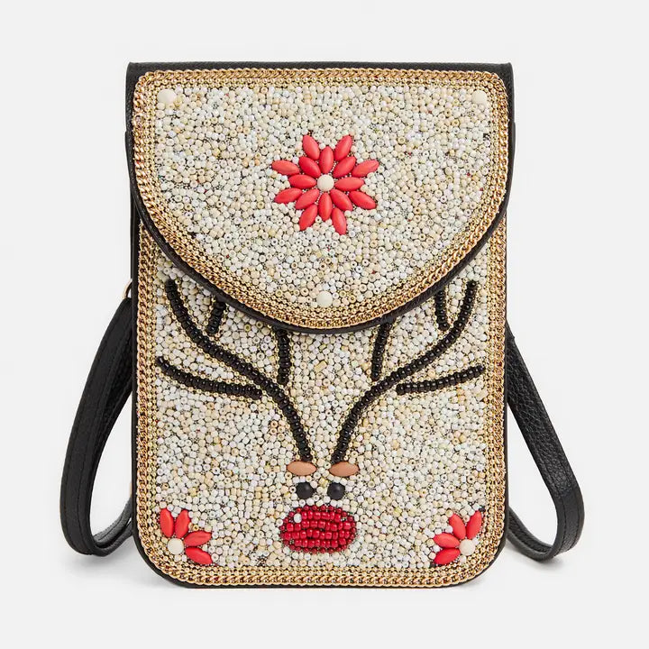 Beaded handbag with floral design on a white background