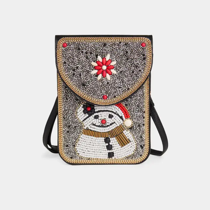 Beaded snowman phone case with a floral design on a white background