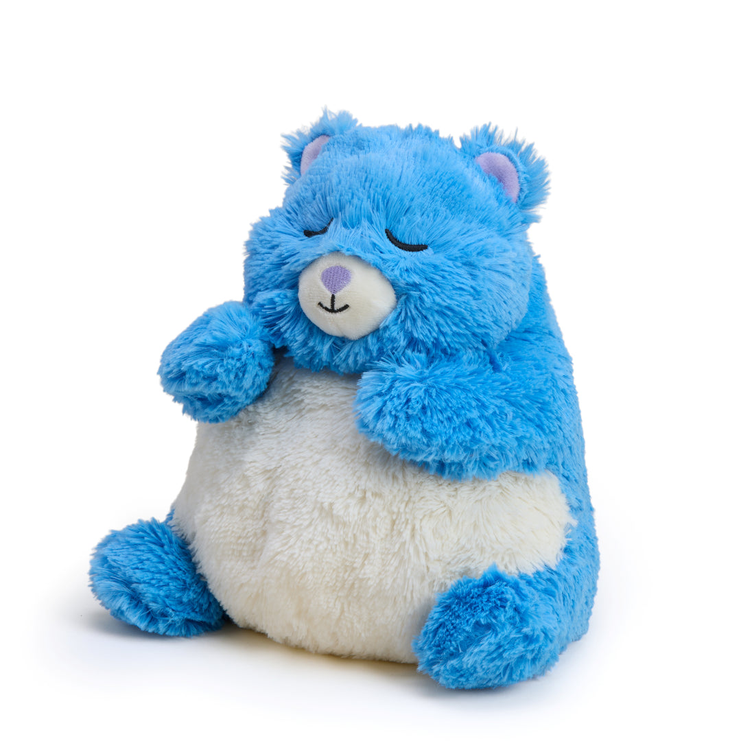 Blue and white plush bear toy on a white background