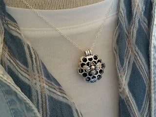 honeycomb locket with bee in center aromatherapy silver necklace