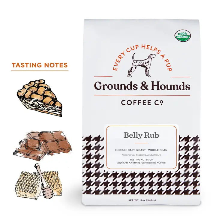Grounds & Hounds Coffee Co. package with tasting notes illustration on a white background