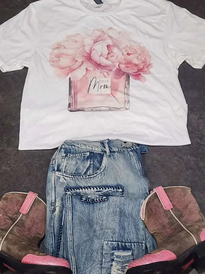 best mom ever white tee with pink peony flowers in a vase