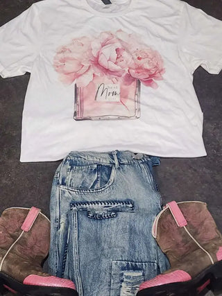 best mom ever white tee with pink peony flowers in a vase
