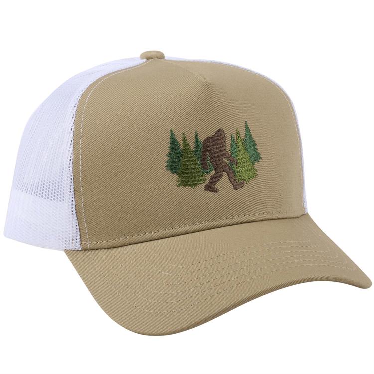 Beige and white cap with embroidered design of a bear and trees on a white background