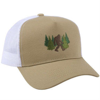 Beige and white cap with embroidered design of a bear and trees on a white background
